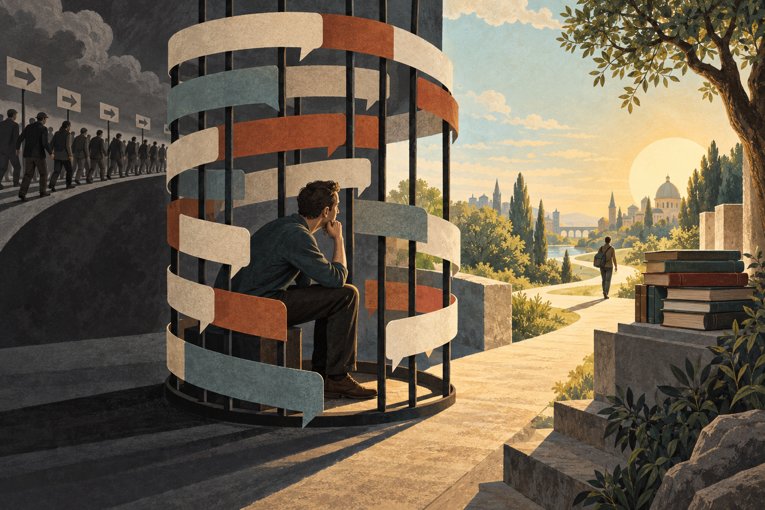 A thoughtful person sitting inside a cage built from repeating speech banners while an open path leads toward books, light, and independent thought