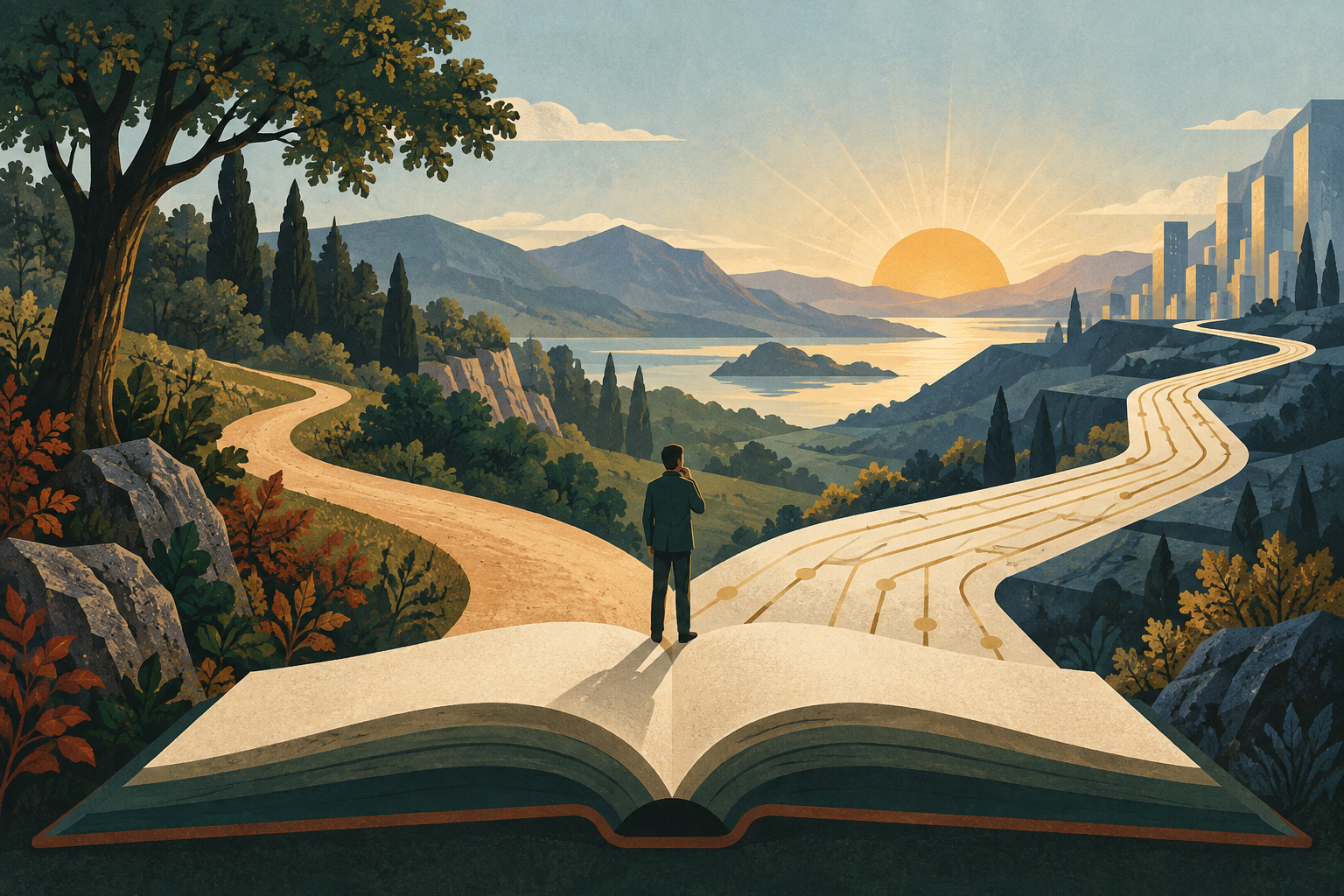 A thoughtful figure standing on an open book where a natural path and a circuit-like path lead toward a sunrise
