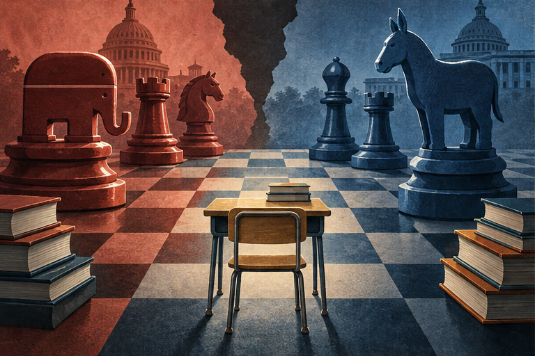 Editorial illustration for Betsy DeVos–Another Partisan Travesty
