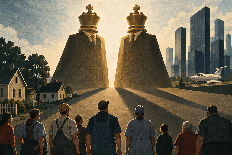 Editorial illustration for Billionaire Bullies — A Chilling New Class of Americans? NEVER!