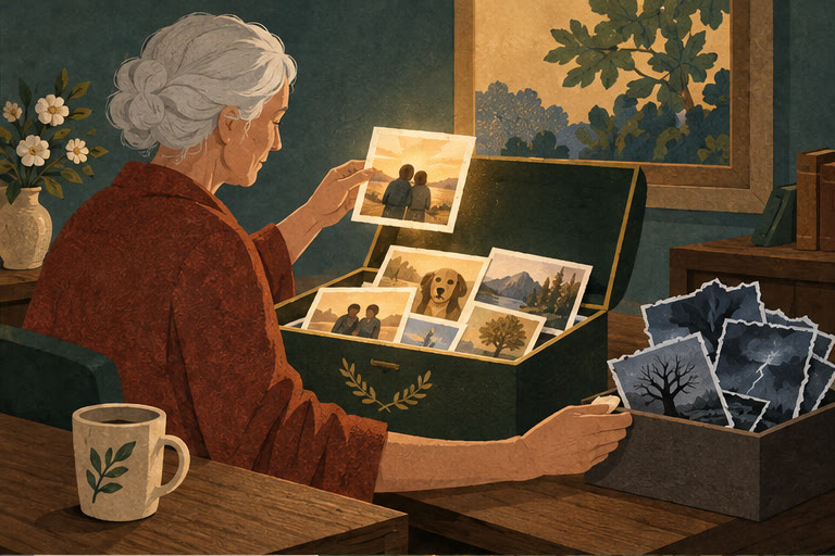 Editorial illustration for DEPARTING MEMORIES—Positive Only Please