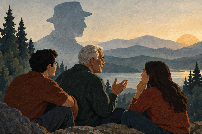 An older father with his adult children beneath the remembered silhouette of the father he never knew