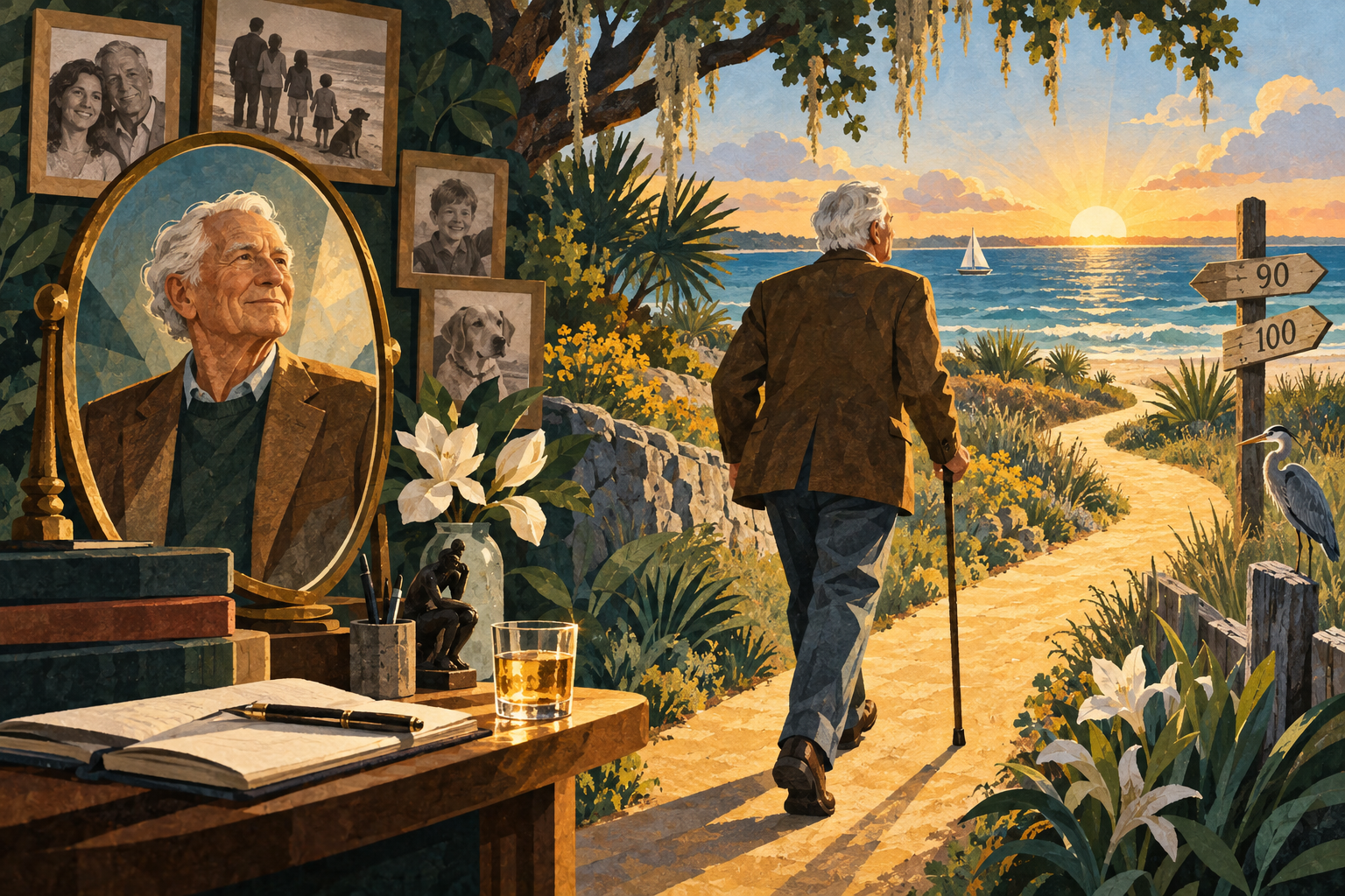 An older writer walking a golden path toward the Gulf at sunrise, surrounded by family memories, a half-full glass, and a dignified reflection