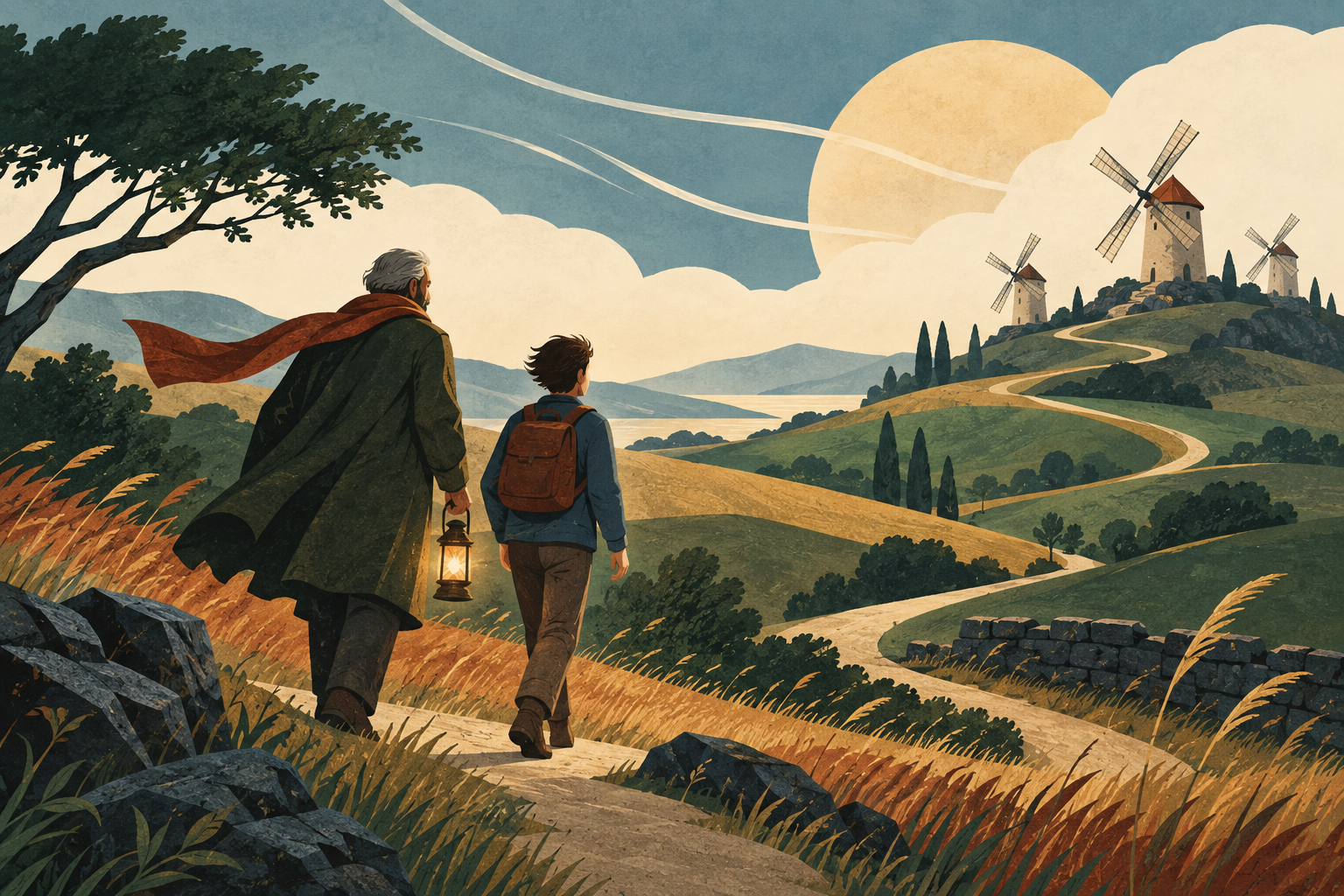 An older guide carrying a lantern while walking with a young person toward distant windmills
